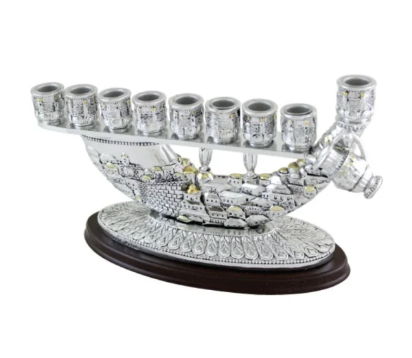 Gold-Plated Silver Hanukkah Menorah with Shofar and Jerusalem Design